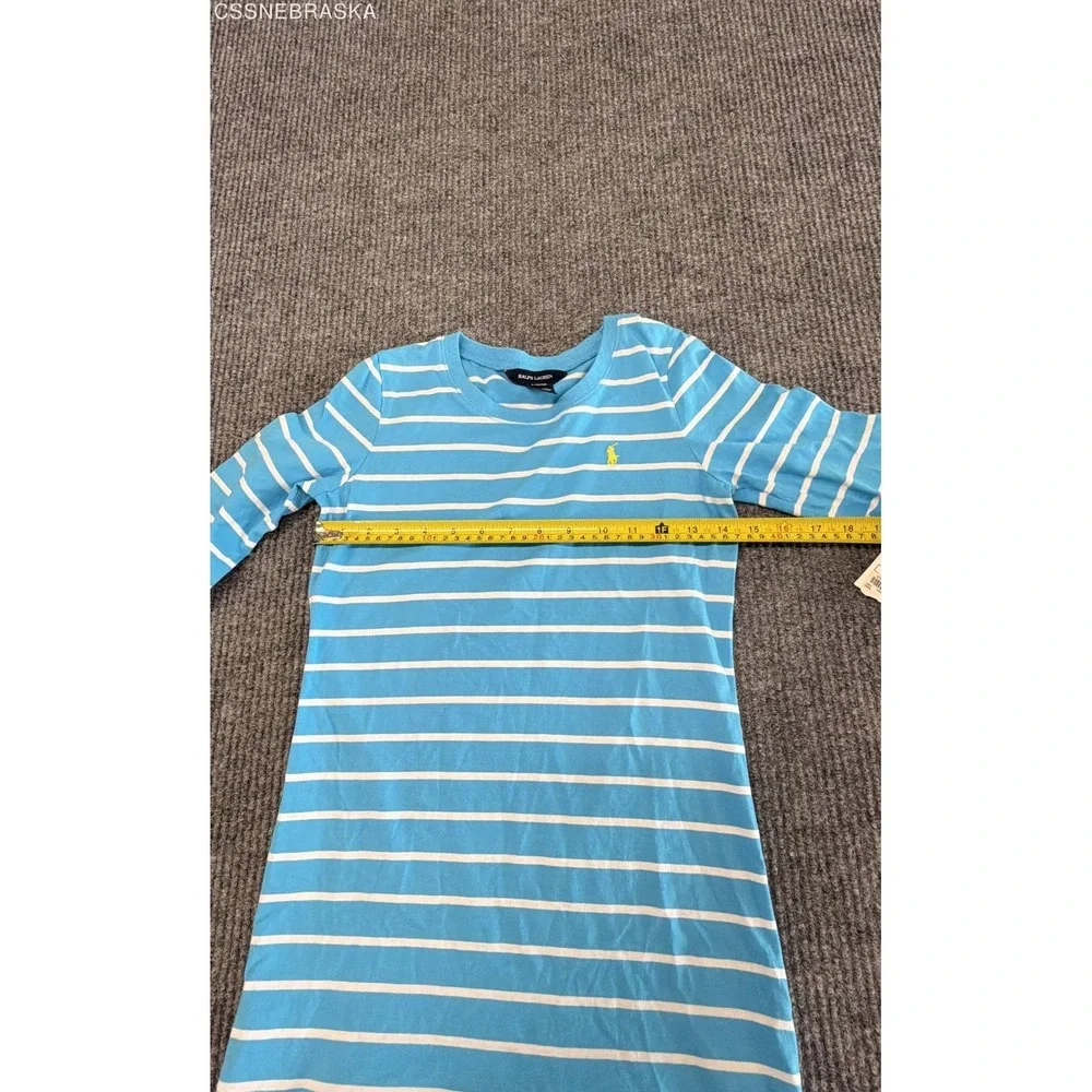Ralph Lauren Girls Blue Striped Ruffle Hem Dress 3/4 Sleeve NWT Size L 12/14